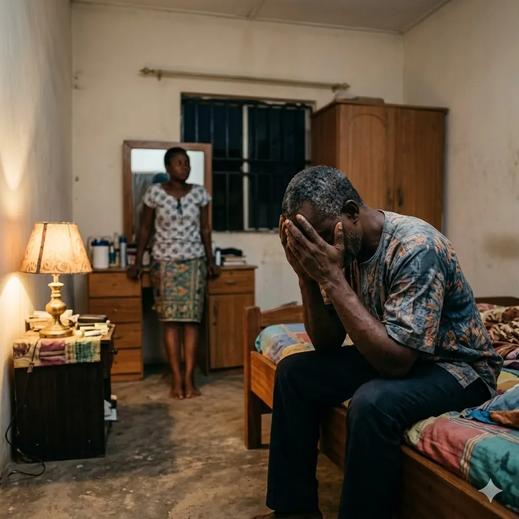 Dejected Nigerian man over 40 in bedroom with wife looking away indifferently